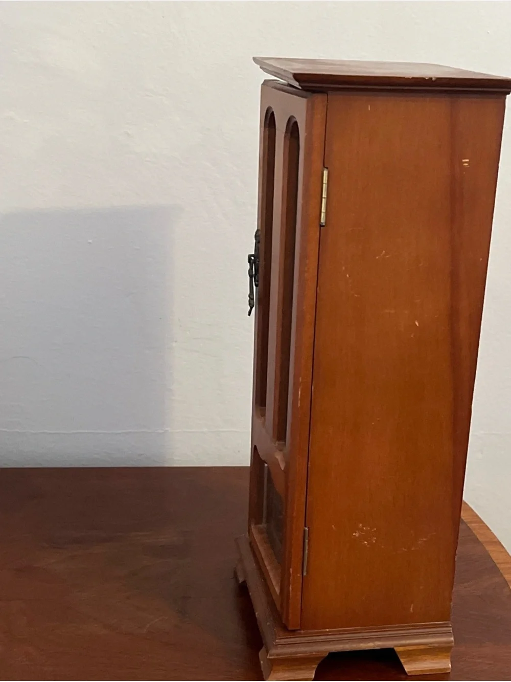 Vintage Tall Wooden Jewelry Armoire with Glass Front and Rose Detail